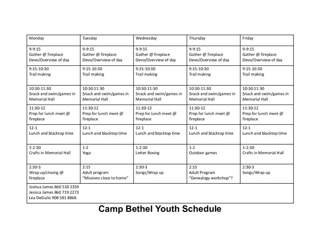 Camp Bethel Youth Schedule