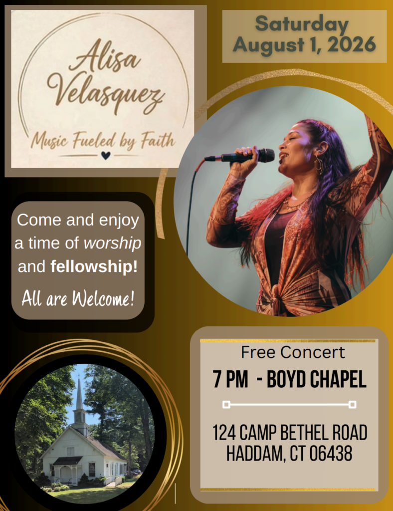 Posting showing an image of Alisa Velasquez singing with text describing a concert held August 1 at Boyd Chapel at Camp Bethel
